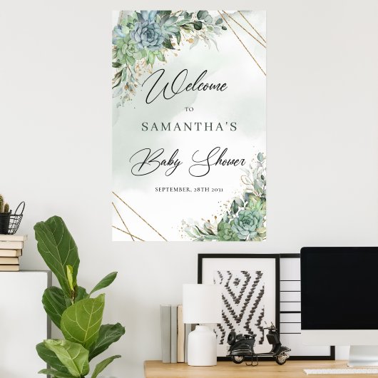 Boho succulent eucalyptus gold baby shower Welkom Poster (Thuiskantoor)