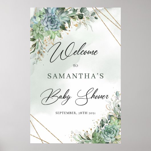 Boho succulent eucalyptus gold baby shower Welkom Poster (Voorkant)