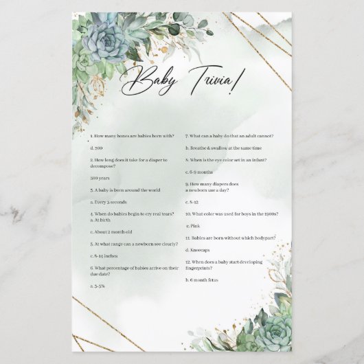 Boho succulent eucalyptus gold lijst Baby trivia (Achterkant)