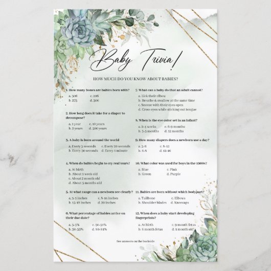 Boho succulent eucalyptus gold lijst Baby trivia (Voorkant)