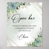 Boho succulent eucalyptus gold open bar sign poster (Voorkant)