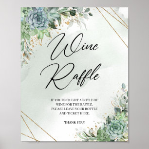 Boho succulent eucalyptus Gold Wine Raffle game Poster