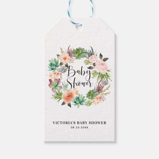 Boho Succulent Floral Wreath Baby shower Dank u Cadeaulabel (Voorkant)