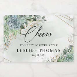 Boho succulent greenery eucalyptus gold lijst sparkling wijnetiket
