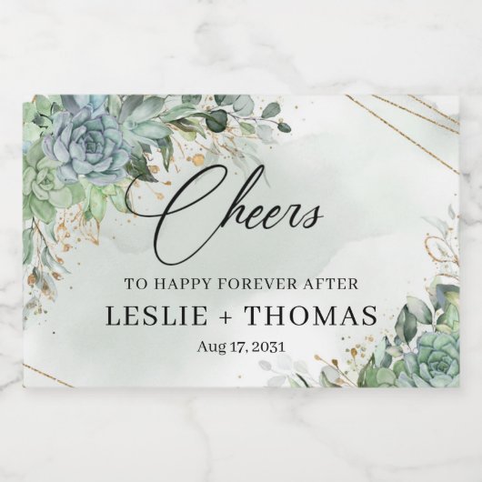 Boho succulent greenery eucalyptus gold lijst sparkling wijnetiket (Enkel label)