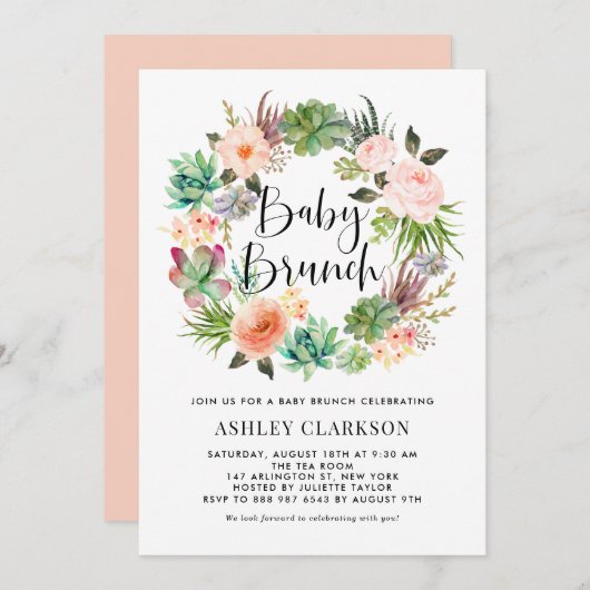 Boho Succulenten Bloemenkrans Baby Brunch Kaart (Voorkant / Achterkant)