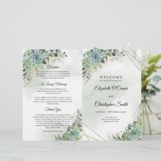 Boho succulents eucalyptus gold lijst bruiloft (Staand voorkant)