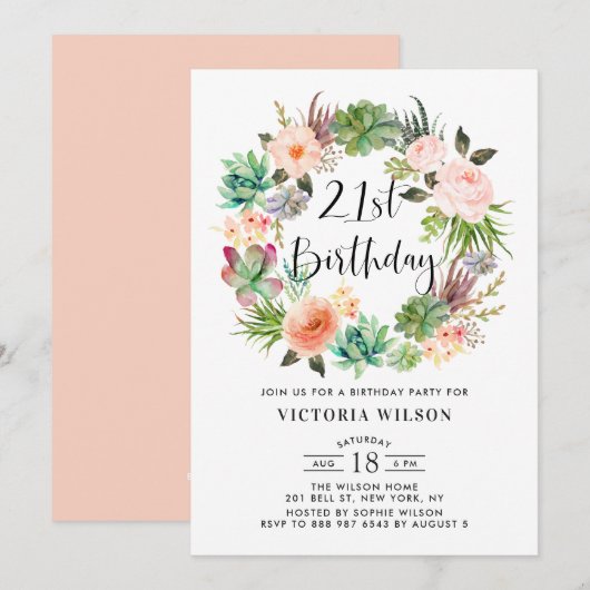 Boho Succulents Floral Wreath 21st Birthday Party Kaart (Voorkant / Achterkant)