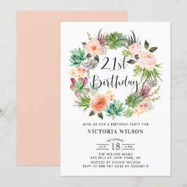 Boho Succulents Floral Wreath 21st Birthday Party Kaart