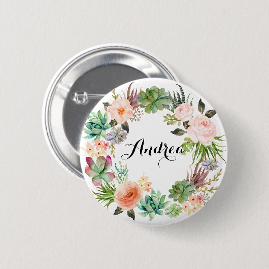 Boho Succulents Floral Wreath Personalized Ronde Button 5,7 Cm (Voorkant /achterkant)