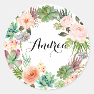 Boho Succulents Floral Wreath Personalized Ronde Sticker