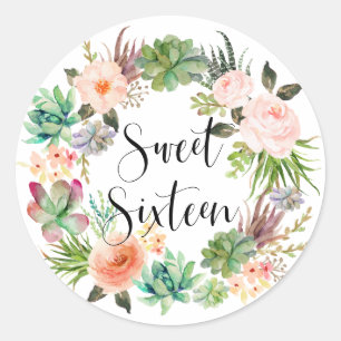 Boho Succulents Floral Wreath Sweet Sixteen Ronde Sticker