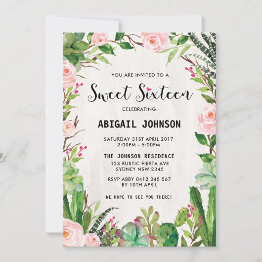 Boho Succulents Sweet Sixteen Pink Bloemen Uitnodi Kaart (Voorkant)