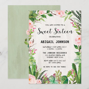 Boho Succulents Sweet Sixteen Roze Floral Invite Kaart