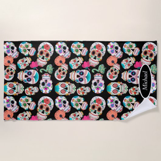 Boho Sugar Skulls op Black Strandlaken (Voorkant)