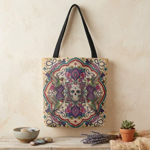 Boho Suiker Skull Folk Art Tote Bag
