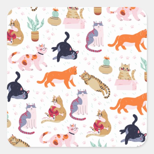 Boho Summer Cute Cats Green Cactus Vierkante Sticker (Voorkant)