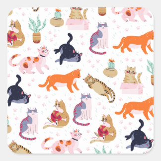 Boho Summer Cute Cats Green Cactus Vierkante Sticker