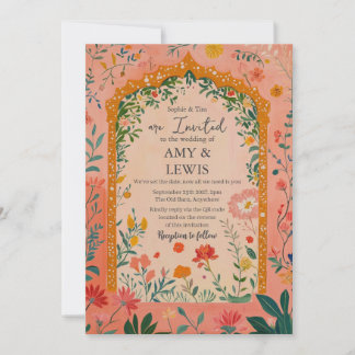 Boho Summer Pink Floral Wedding Invitation Kaart