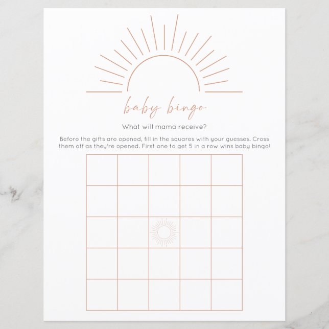 Boho Sun Baby shower Bingogame (Voorkant)