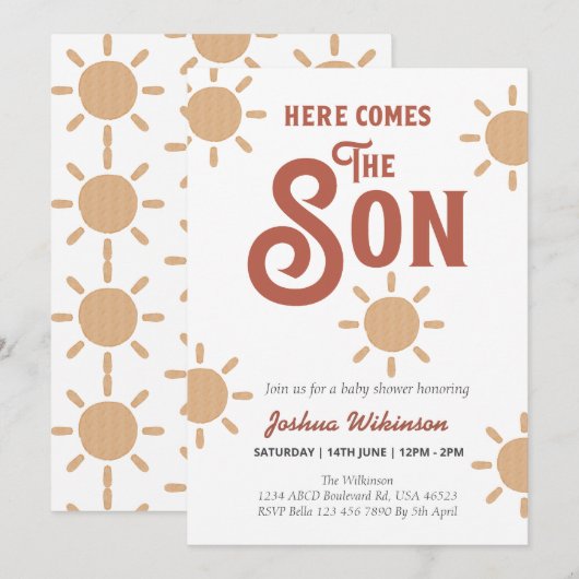 Boho Sun hier komt het Son baby shower Kaart (Voorkant / Achterkant)