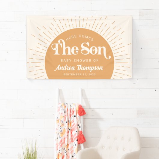 Boho Sun Hier komt het Son Baby shower Spandoek (Insitu)