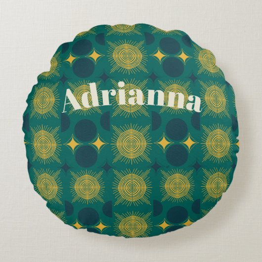 Boho Sun Moon Stars Baby Blauwgroen geel gepersona Rond Kussen (Voorkant)