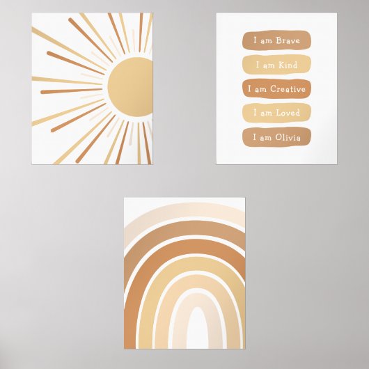 Boho Sun Rainbow Aangepaste naam Kinder Bevestigin Muurkunst Sets (Voorkant)