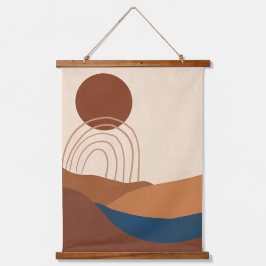 Boho Sun regenbooglandschap Terracotta Beige Blue Hangend Wandkleed (Voorkant)