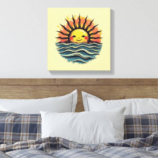 Boho Sun Smiley Canvas Muurkunst Print (Insitu (Slaapkamer))