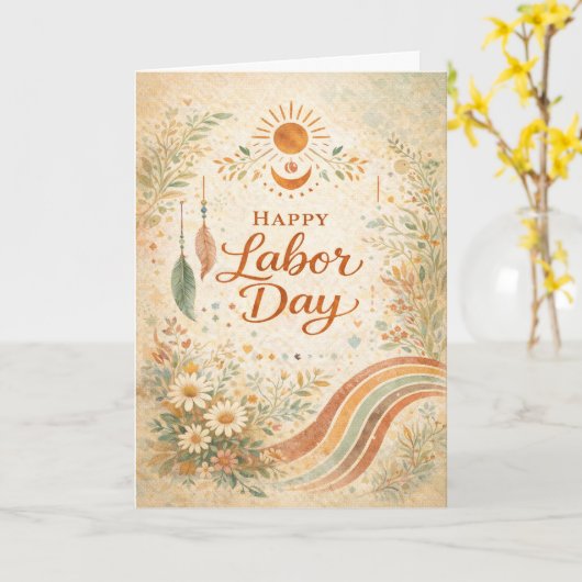 Boho Sun Wildflowers Happy Labor Day Kaart (Gele Bloem)