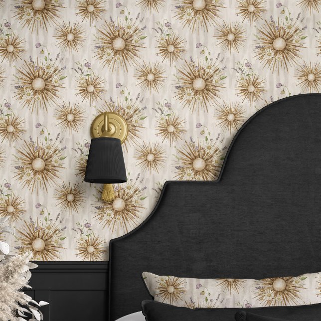 Boho Sunburst en Lavendel Beige Bloemmotief Behang (Creator heeft geüpload)