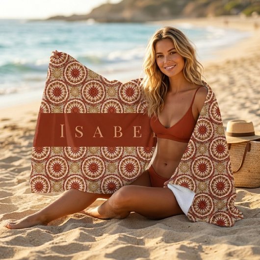 Boho Sunburst Haakpatroon Terracotta Monogram Strandlaken