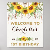 Boho Sunflower 1st Birthday Rustic Summer Welcome Poster (Voorkant)