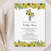Boho Sunflower and Rustic Wooden Cross Baptism Kaart
