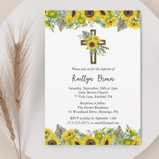 Boho Sunflower and Rustic Wooden Cross Baptism Kaart