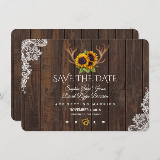 Boho Sunflower Antlers Hout Weddenschap Save The Date (Voorkant / Achterkant)