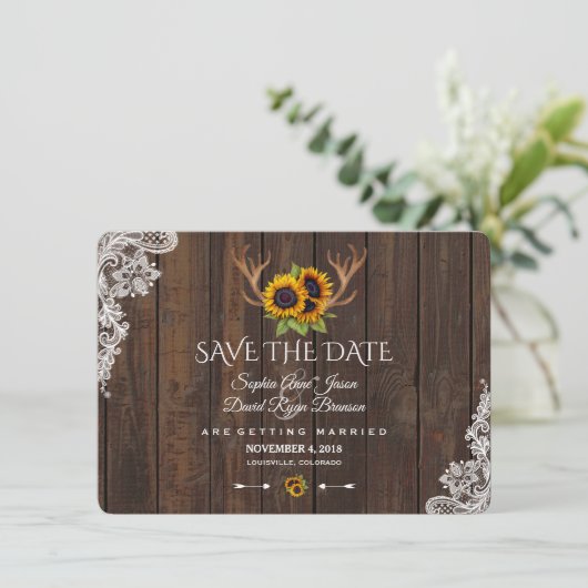 Boho Sunflower Antlers Hout Weddenschap Save The Date (Staand voorkant)