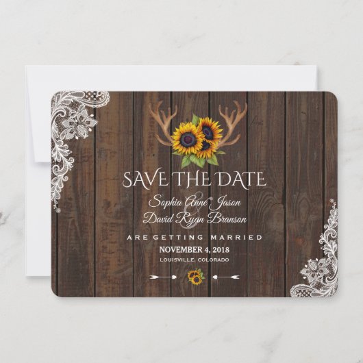 Boho Sunflower Antlers Hout Weddenschap Save The Date (Voorkant)