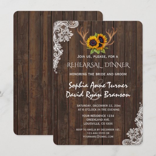 Boho Sunflower Antlers Wood Lace Rehearsal Dinner Kaart (Voorkant / Achterkant)