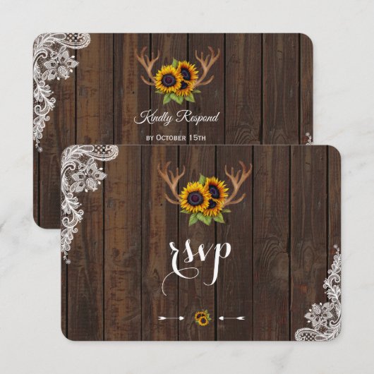Boho Sunflower Antlers Wood Lace RSVP Invite (Voorkant / Achterkant)