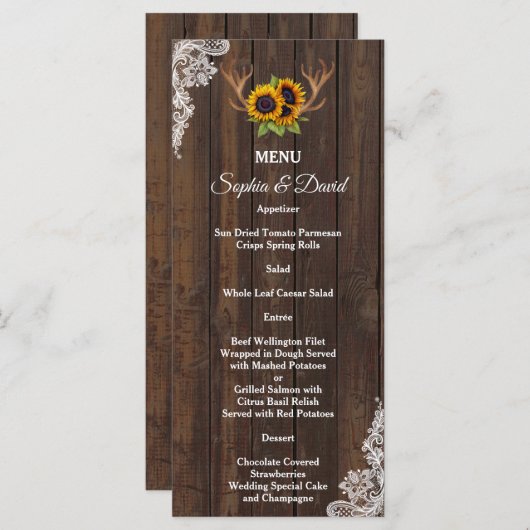 Boho Sunflower Antlers Wood Lace Weddenschap Menu (Voorkant / Achterkant)