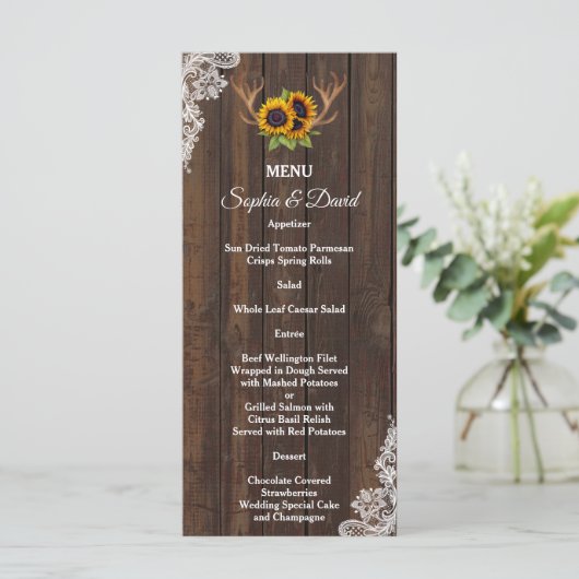 Boho Sunflower Antlers Wood Lace Weddenschap Menu (Staand voorkant)