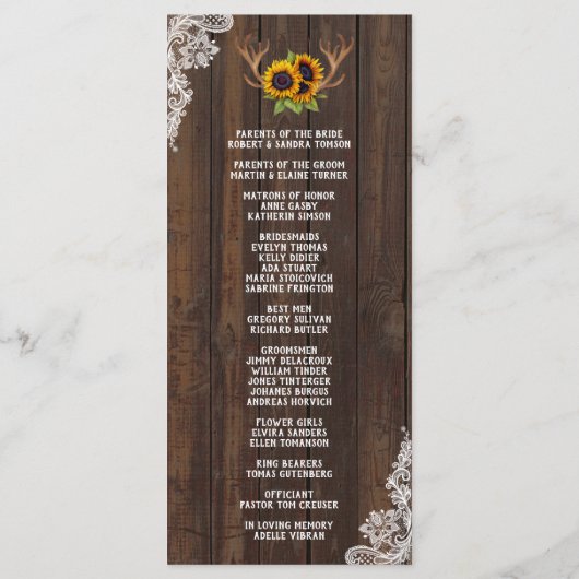 Boho Sunflower Antlers Wood Lace Wedding Program Programmakaart (Achterkant)