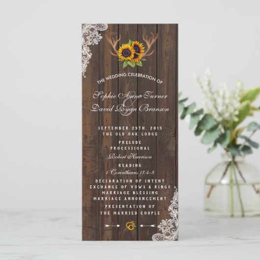 Boho Sunflower Antlers Wood Lace Wedding Program Programmakaart (Staand voorkant)
