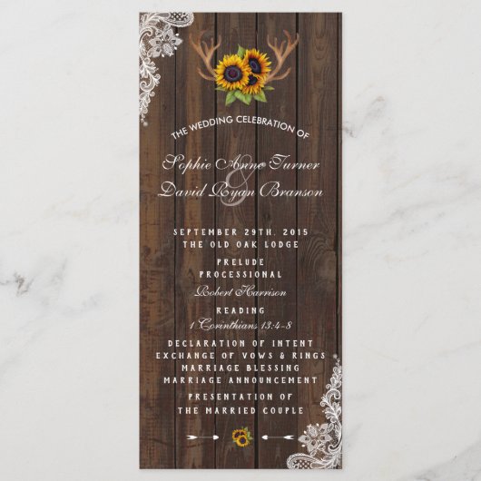 Boho Sunflower Antlers Wood Lace Wedding Program Programmakaart (Voorkant)