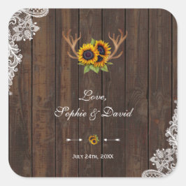 Boho Sunflower Antlers Wood Weddenschap Vierkante Sticker