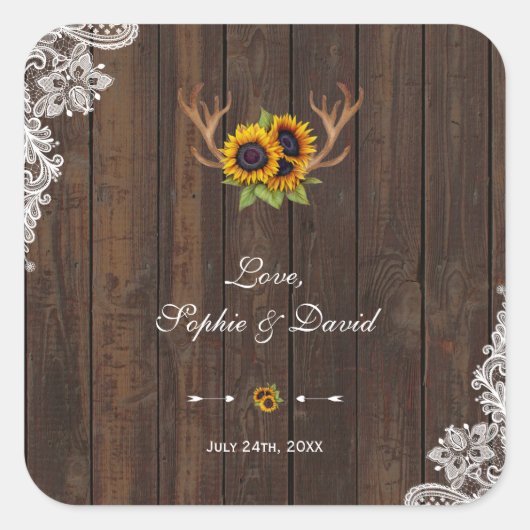 Boho Sunflower Antlers Wood Weddenschap Vierkante Sticker (Voorkant)