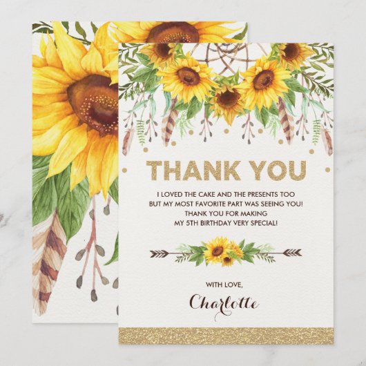 Boho Sunflower Birthday Waterverf Dreamweaver Bedankkaart (Voorkant / Achterkant)