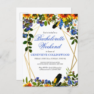 Boho Sunflower Blue Bachelorette Weekend Itinerary Uitnodiging Briefkaart